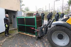 Kuljetuslaatikko ja kantajat tiikeritallin ovella. Kuva: Annika Sorjonen, Korkeasaaren eläintarha