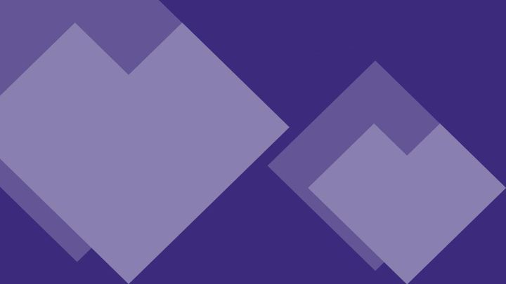 Kaksi violettia graafista elementtiä, jotka näyttävät sydämiltä tai V-kirjaimilta tummaa taustaa vasten.
