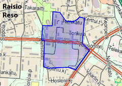 Kartta Raision kaupungin keskustasta, jossa sinisellä rajattu alue on korostettu.
