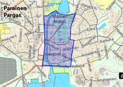 Karta över Pargas med ett markerat område i blått som representerar Malmen.