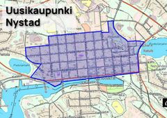 Kartta Uudestakaupungin keskusta-alueesta, jossa sinisellä viivalla rajoitusalue.