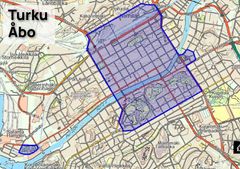 Kartta Turun keskustan alueesta, jossa on merkitty sinisellä viivoituksella rajoitusalue.