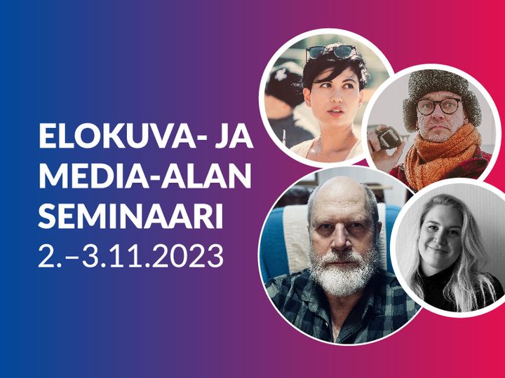 Koristeellinen seminaarin mainos, jossa on kaikkien pääpuhujien kasvokuvat.