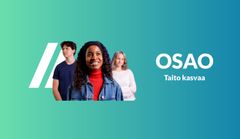 Kolme nuorta ja teksti OSAO Taito kasvaa.