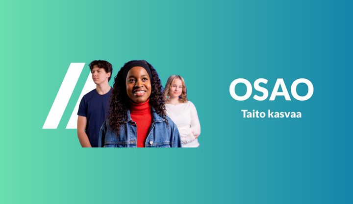 Kolme nuorta ja teksti OSAO Taito kasvaa.