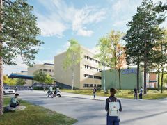 Havainnekuva Kotkantien kampuksen sisääntulosta, jossa näkyy ihmisiä kulkemassa ja pyöräilemässä rakennusten edustalla.