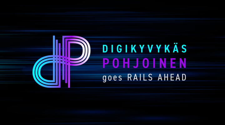 Logo, jossa on suuret kirjaimet "DP" ja teksti "Digikyvykäs Pohjoinen goes Rails Ahead" sinisillä ja violeteilla sävyillä tummalla taustalla.