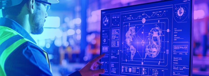 Henkilö, jolla on kypärä ja suojaliivi, tarkastelee digitaalista näyttöä, jossa on teknisiä piirustuksia ja kaavioita teollisessa ympäristössä. Tekoälyn tekemän kuva.