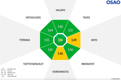 Kaavio, jossa on kahdeksan sektoria organisaation osa-alueista. Keskiarvopisteet ovat 3.49-3.66. Keskimääräinen kokonaistulos on 3.56.