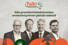 Presidenttiehdokkaat Olli Rehn, Jussi Halla-aho, Pekka Haavisto ja Mika Aaltola Talk Helsinki -keskustelufestivaaleilla keskiviikkona 16.8.2023