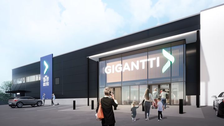 Upouusi Gigantti Lielahti avaa ovensa Tampereella kesän kynnyksellä 2022. (Kuva: Raiski Arkkitehdit Oy / Marko Raiski)
