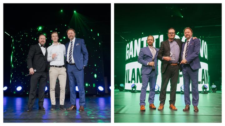Gigantin Vuoden Myymälöiden tavaratalopäälliköt, Kuopion Joonas Hyttinen (vas. keskellä) ja Porvoon Tony Pajari (oik. keskellä) vastaanottivat perinteikkäät palkinnot tiimiensä puolesta. Kumpaakin palkittua juhlistamassa Gigantin toimitusjohtaja Niko Sandström, sekä myymälätoimintojen johtaja Ville Vähäkoski (vas. laidassa) ja franchise-päällikkö Janne Vartiainen.