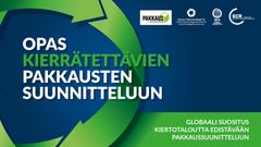 Opas kierrätettävien pakkausten suunnitteluun -kansikuva, jossa vihreitä ja sinisiä geometrisia muotoja.