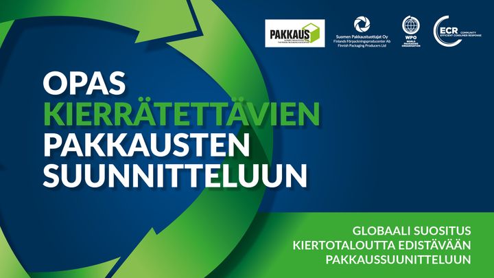 Opas kierrätettävien pakkausten suunnitteluun -kansikuva, jossa vihreitä ja sinisiä geometrisia muotoja.