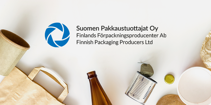 Logo ja nimi: Suomen Pakkaustuottajat Oy, Finlands Förpackningsproducenter Ab, Finnish Packaging Producers Ltd. Kuvassa on pahvimuki, kangaskassi, lasipullo, avattu säilyketölkki ja kruunukorkki.