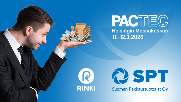 Mies pitelee kättä, jossa on eri pakkausmateriaaleja. Taustalla tapahtuman PacTec mainos, päivämäärä ja tiedotteen lähettäjien logot.