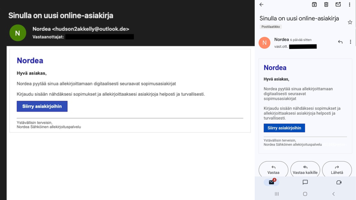 Tietokoneella näkee heti sähköpostin lähettäjän osoitteen kokonaisuudessaan, kun taas puhelimella ei.