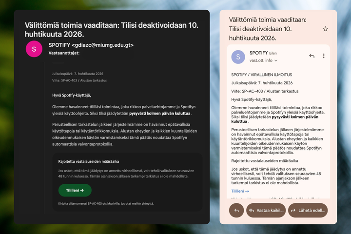 Puhelimella tarkasteltuna huijausviesti voi hämätä helpommin (oik.), kun lähettäjän osoite ei näy heti.