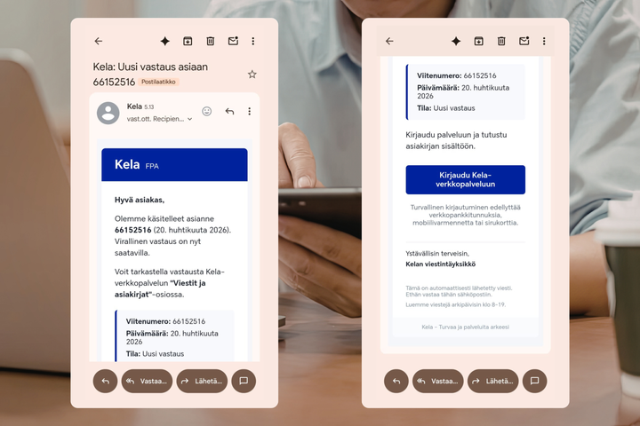 Kela-huijaus. Älä kirjaudu palveluihin viestin linkistä, vaan aina virallisen sivun kautta.