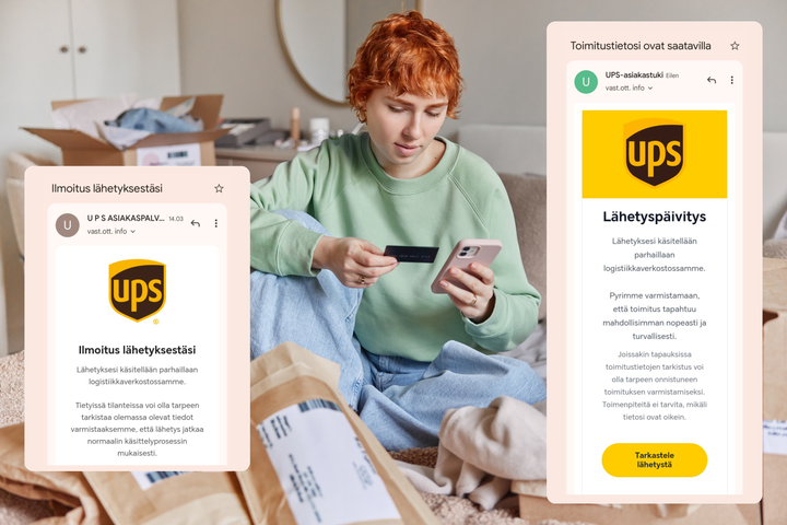Pakettiin liittyvä viesti voi ohjata tietojenkalastelusivulle yhdellä klikkauksella.