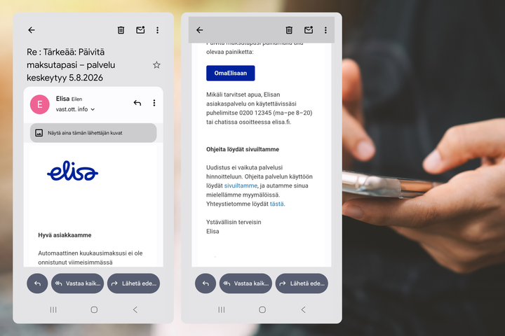 Elisan nimissä lähetetyn viestin OmaElisaan-painike johtaa Elisan palvelun sijasta ulkopuoliselle verkkosivulle.