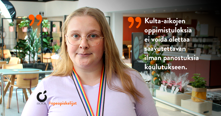 Kuvassa SOOLin puheenjohtaja Henni Lahtinen ja tekstilainaus "Kulta-aikojen oppimistuloksia ei voida olettaa saavutettavan ilman panostuksia koulutukseen.