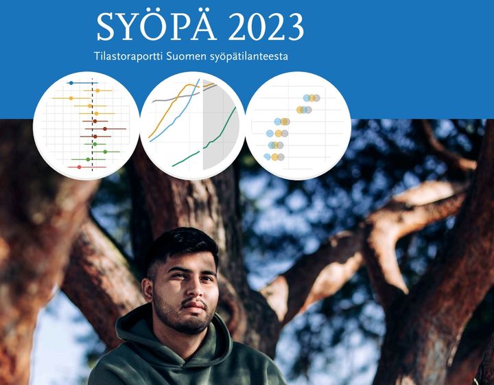 Etukansi julkaisusta "Syöpä 2023". Kansi sisältää tilastokuvaajia ja valokuvan miehestä puiden edessä.