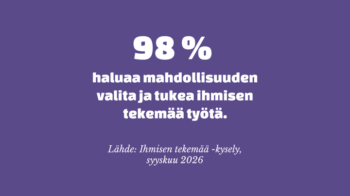 Kysymys ihmistyön tulevaisuudesta on myös taloudellinen. Kyselyyn vastanneista 98 prosenttia pitää melko tai erittäin tärkeänä, että ihmisen tekemää työtä voi tukea omilla valinnoillaan ja rahankäytöllään.