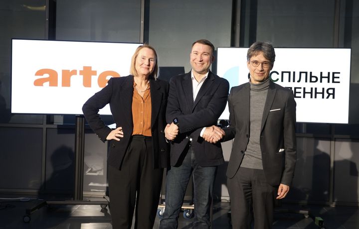 f.l.t.r.: Heike Hempel, President of ARTE GEIE - Mykola Chernotytskyi, Head of the Managing Board of Suspilne Ukraine - Bruno Patino, Vice-President of ARTE GEIE and President of ARTE France