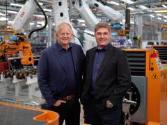 Kelvin Bennett (AGCO Senior Vice President, Engineering) and Kari Aaltonen (AGCO Power Director of Engineering) in the engine assembly plant in Nokia, Finland.