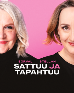 Sattuu ja tapahtuu -podcast: kansikuva, pysty