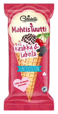 1,59 € | 200 ml | Lidlin jäätelökilpailun toivemaku – kirsikka oli suunnittelukilpailun suosituin maku. Aidossa vohvelituutissa on kirsikkajäätelöä ja lakritsikastiketta ja se on kuorrutettu lakritsirakeilla. Tuote on laktoositon.