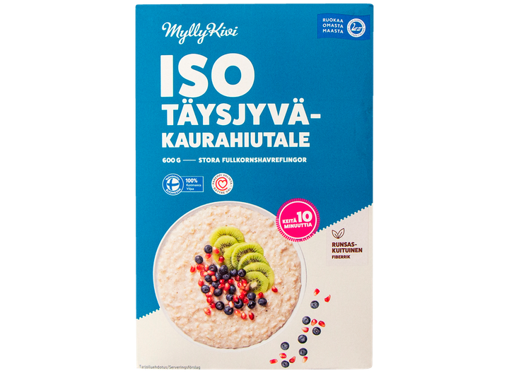 Myllykiven iso täysjyväkaurahiutale on yksi uusista kotimaisista täysjyvätuotteista Lidlin hyllyillä.