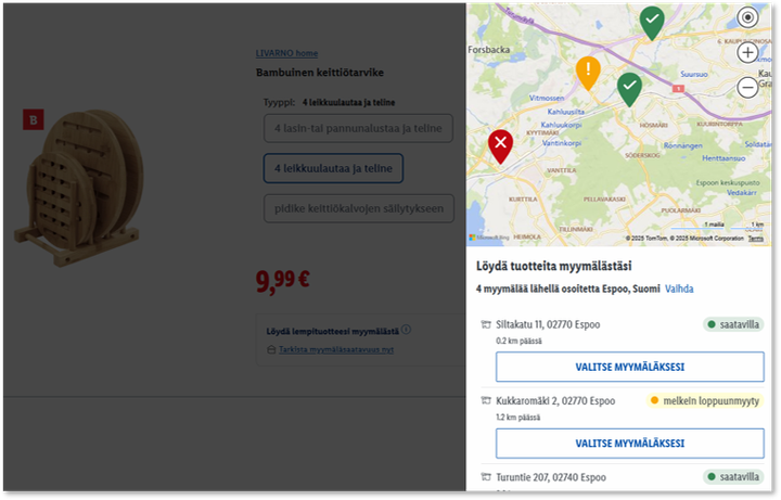 Selainnäkymä myymäläsaatavuudesta Lidlin nettisivulla.