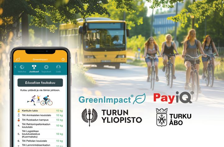 Alt text: "A mobile phone displaying an app screen in the foreground, with a bus and people cycling on a sunny street in the background. Logos for GreenImpact, PayiQ, Turku University, and the city of Turku are also visible."