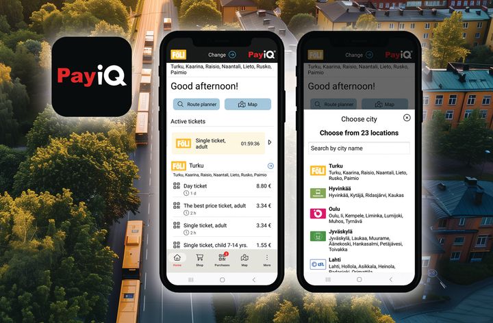Mobiilisovellus PayIQ:n käyttöliittymän näkymä kahdessa puhelimessa kaupungin taustamaisemalla.