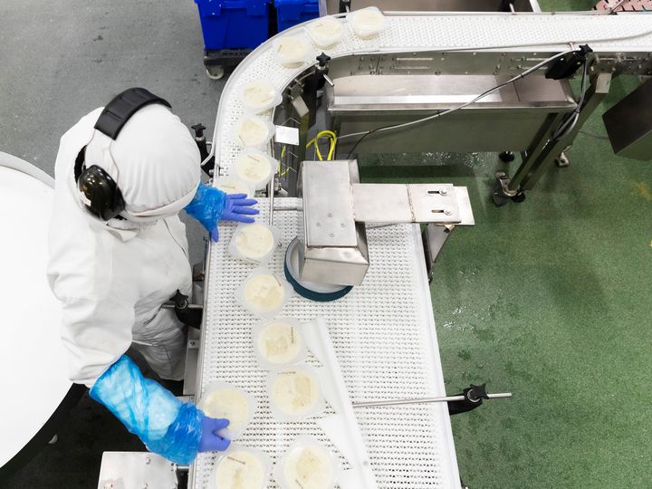 Henkilö työskentelee elintarviketehtaassa tuotantolinjalla.