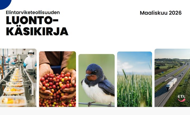 Alt-teksti: Kollaasi elintarviketeollisuuden kuvista, mukana työntekijä, hedelmiä käsissä, lintu, maatalousnäkymä ja kuljetusauto maantiellä.