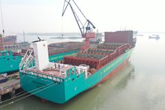 X-Press Feeders first dual-fuel ship Eco Maestro in Shanghai port. Vessel is built and is now being equipped.