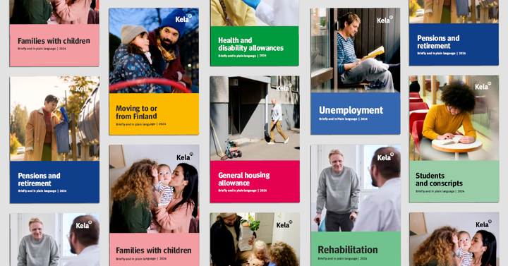 A collection of the covers of Kela's benefit guides in English