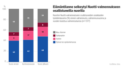 Kuvio: Nuorten Nuotti-valmennukseen osallistuneiden asiakkaiden työelämäasema ennen valmennusta, valmennusvuonna ja vuoden kuluttua valmennuksesta. Kuvasta näkee, että elämäntilanne selkeytyi Nuotti-valmennukseen osallistuneilla nuorilla.