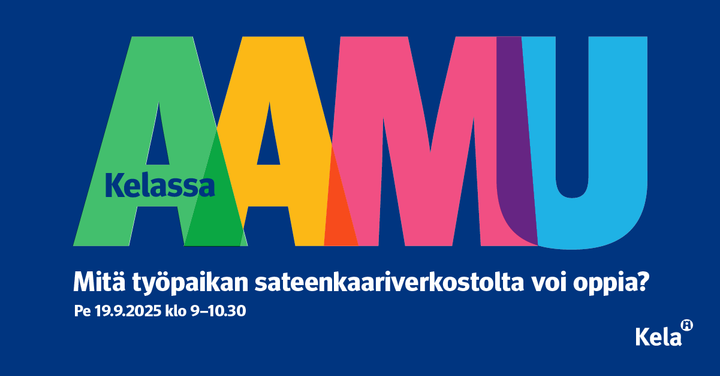 Kuvassa teksti Aamu Kelassa. Mitä työpaikan sateenkaariverkostolta voi oppia? Pe 19.9.2025 klo 9–10.30.
