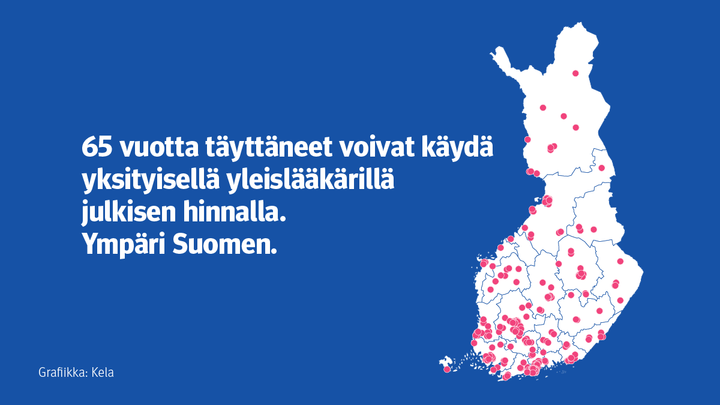 Kuvassa näkyy Suomen kartta ja pisteitä paikkakunnilla, joilla on 65 vuotta täyttäneiden valinnanvapauskokeiluun osallistuvia lääkäriasemia.