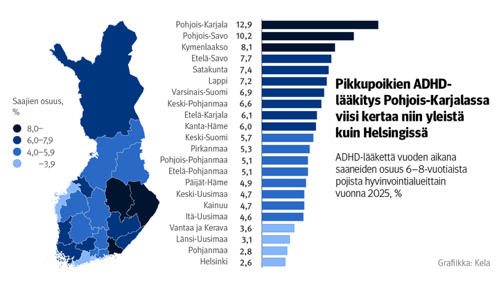 Kun%20tarkastellaan%20kaikkia%20vuoden%20aikana%20ADHD-l%E4%E4kett%E4%20saaneita%20ik%E4ryhm%E4n%20poikia%2C%20alue-erot%20ovat%20viel%E4%20suurempia.%20Osuus%20vaihteli%20Helsingin%202%2C6%20prosentista%20Pohjois-Savon%2010%2C2%20prosenttiin%20ja%20Pohjois-Karjalan%2012%2C9%20prosenttiin.%20Suurin%20osuus%20oli%20l%E4hes%20viisinkertainen%20pienimp%E4%E4n%20verrattuna.%20%20%u2013%20Suuret%20alue-erot%20ADHD-l%E4%E4kkeiden%20k%E4yt%F6ss%E4%20ovat%20kiistattomat%2C%20mutta%20niiden%20perusteella%20ei%20voida%20p%E4%E4tell%E4%20erojen%20syit%E4.%20Se%20vaatii%20lis%E4%E4%20tietoa%20muun%20muassa%20palveluista%2C%20hoitopoluista%2C%20ammattilaisten%20saatavuudesta%20ja%20l%E4%E4kkeett%F6mist%E4%20tukimuodoista%2C%20sanoo%20Vuori.