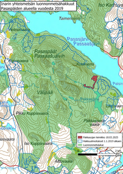 Pasaspäiden luonnonmetsä merkitty vihreällä. Punaisella viimeisiin hakkuu maaliskuussa 2025.