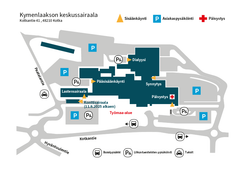 Kartta Kymenlaakson keskussairaala-alueesta, joka osoittaa eri osastojen sijainnit. Mukana on pysäköintialueita, sisäänkäynnit ja työmaa-alue.