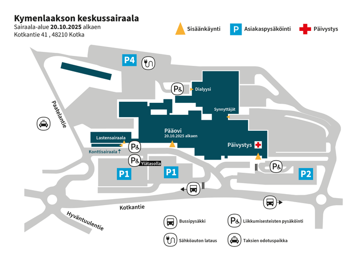 Kartta Kymenlaakson keskussairaalan alueesta, jossa näkyy sisäänkäynnit, pysäköintialueet (P1-P4), päivystys ja dialyysi. Sairaala-alue avautuu 20.10.2025.