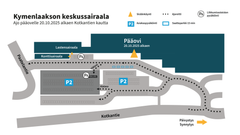 Kartta Kymenlaakson keskussairaalan alueesta, jossa näkyvät pääsisäänkäynti, sisäänkäynnit, pysäköintialueet ja kulkureitit.
