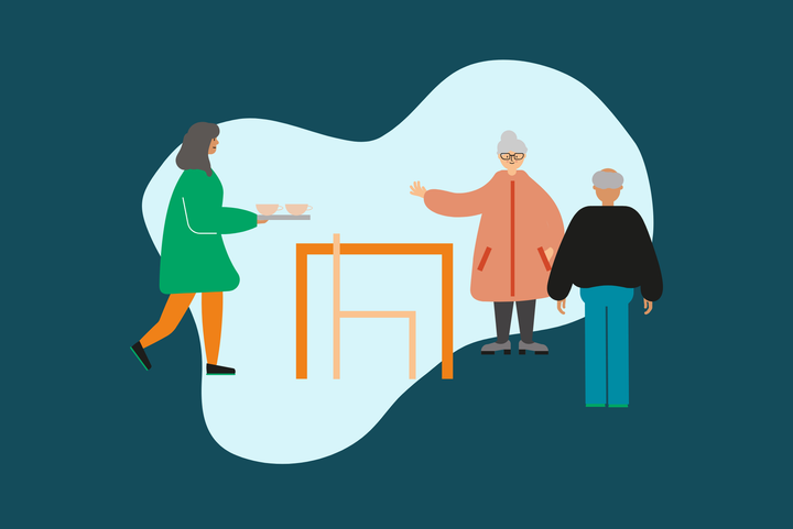 Kolme piirroshahmoa: yksi kantaa tarjotinta, kaksi vanhempaa henkilöä keskustelee pöydän äärellä.