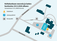 Keltakankaan neuvolan ja lasten kuntoutuksen kartta, avautuu 15.5.2026 osoitteessa Sairaalankaari 15 A, Kouvola. Kartassa näkyvät sisäänkäynnit, asiakasparkki ja bussipysäkit.